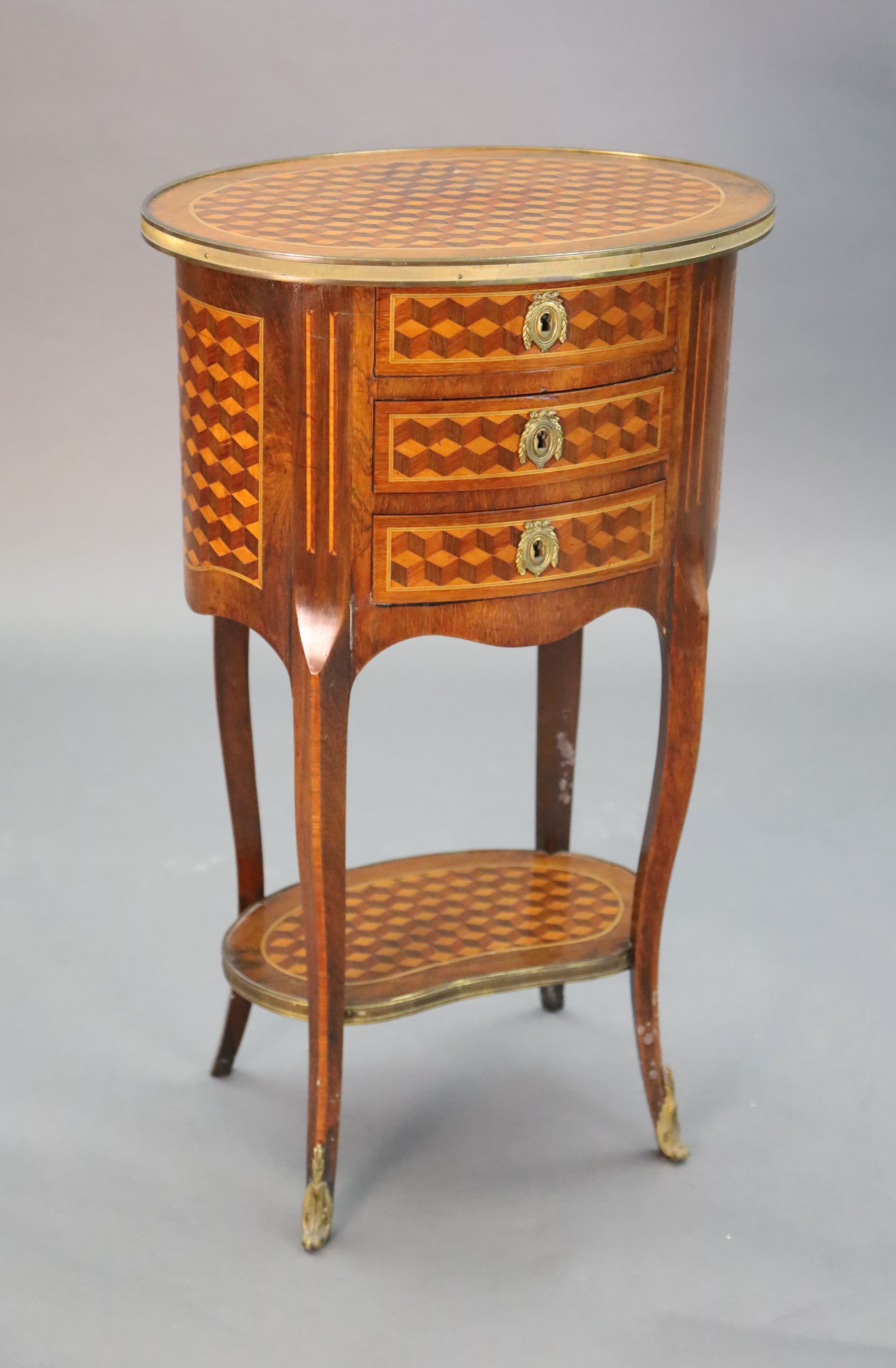 A late 19th century French Louis XV style kingwood, parquetry and ormolu mounted side table, width 49cm, depth 35cm, height 81cm